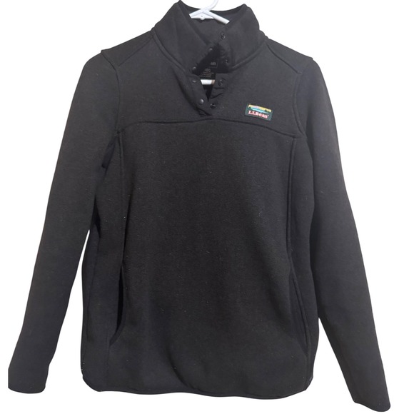L.L.Bean Tops - L.L. BEAN Women Small Black Fleece Pullover 1/4‎ Snap Logo Kangaroo Pocket